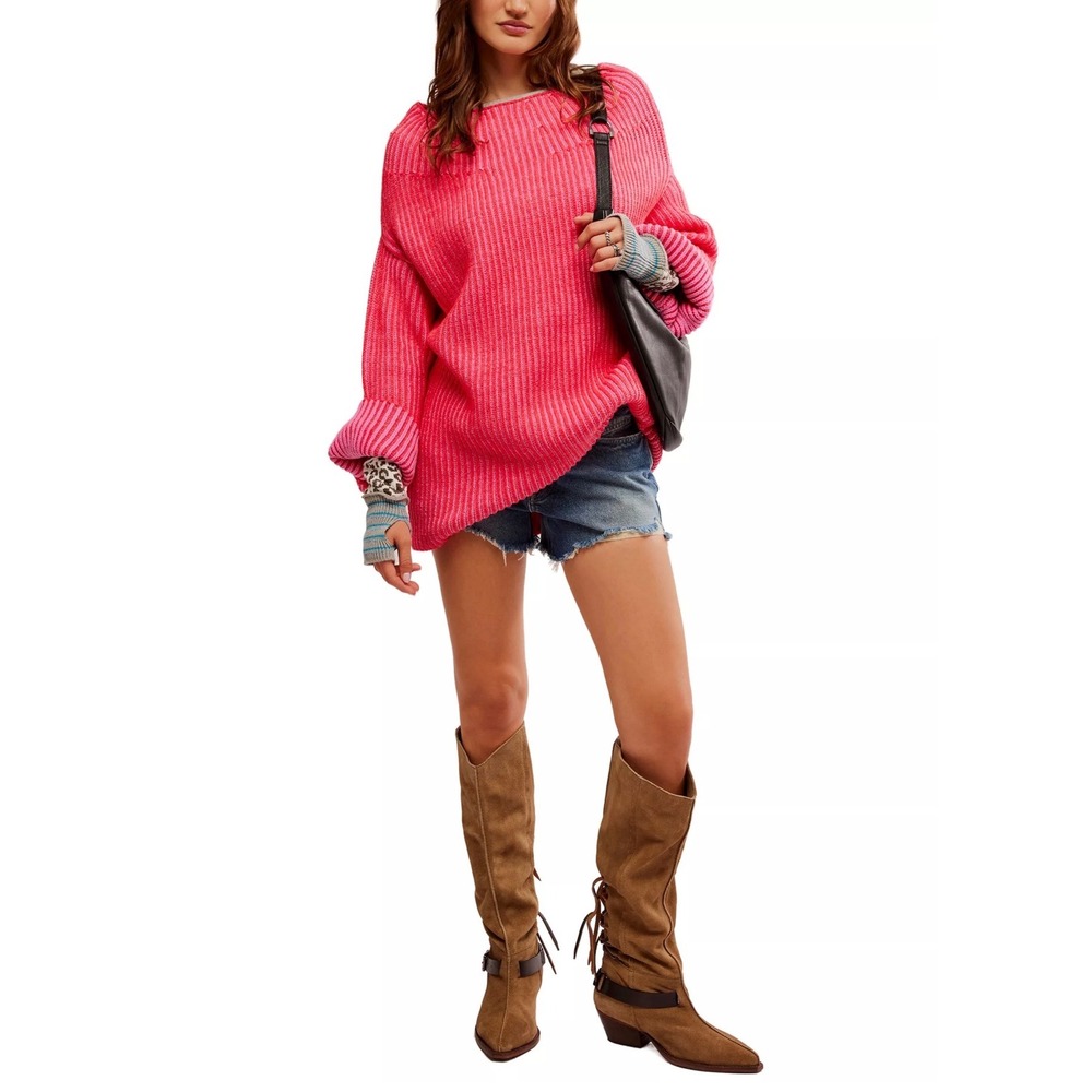 $148 Free People Charolette Tunic Top Sweater Ribbed Pink Combo Boho Small
